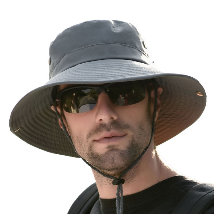 Dark gray wide-brim sun hat with chin strap and metal eyelets