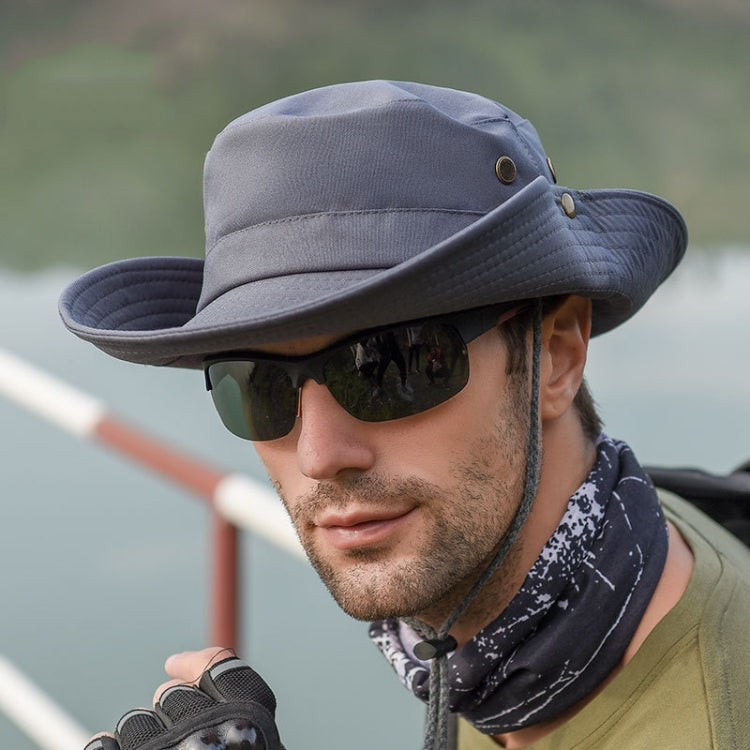 Light gray wide-brim sun hat with chin cord and metal eyelet buttons
