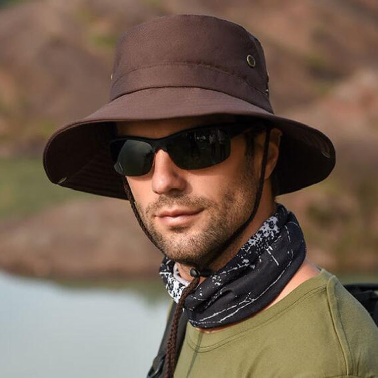Brown wide-brim sun hat with chin strap and metal eyelet detail