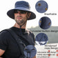 Navy wide-brim sun hat on model with adjustable chin drawstring