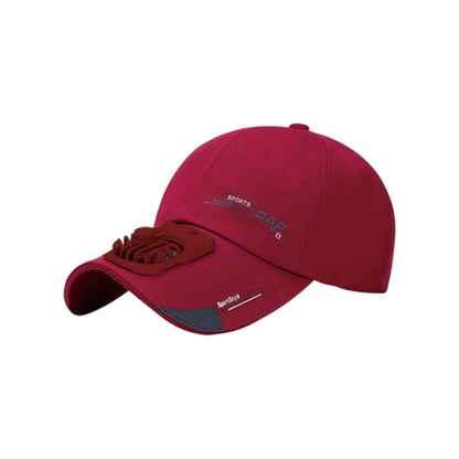 Red peaked cap with built-in fan vents and adjustable brim for outdoor sun protection