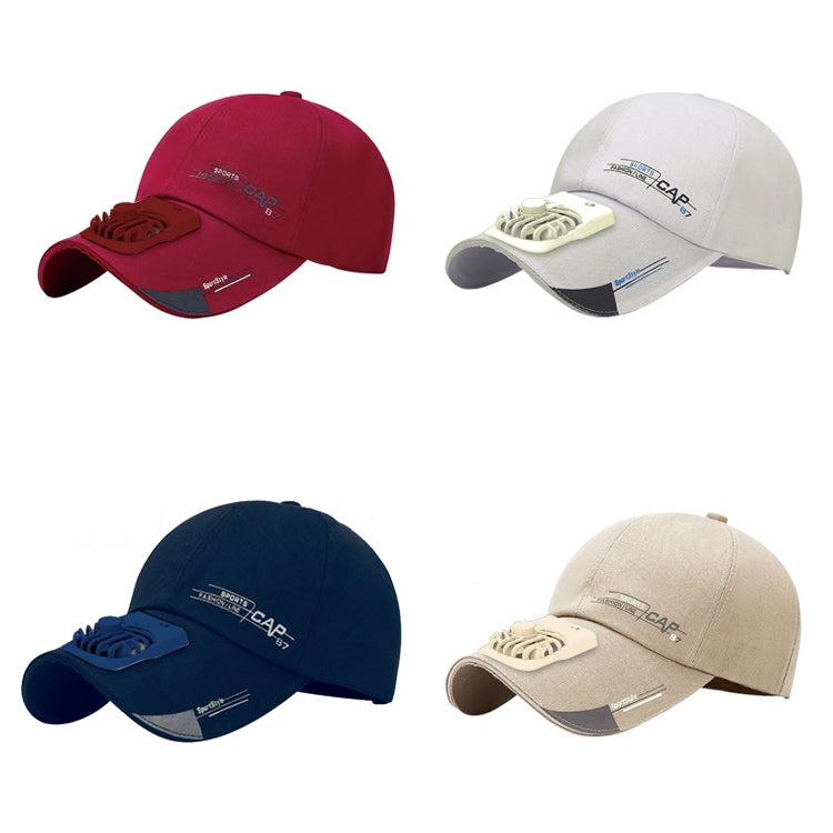 Peaked fan sun caps in red, white, blue, and khaki with built-in vent housing