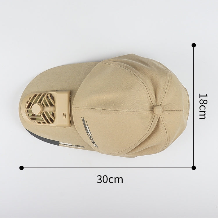 Khaki fan sun cap with built-in fan vent and adjustable brim; size shown in outline