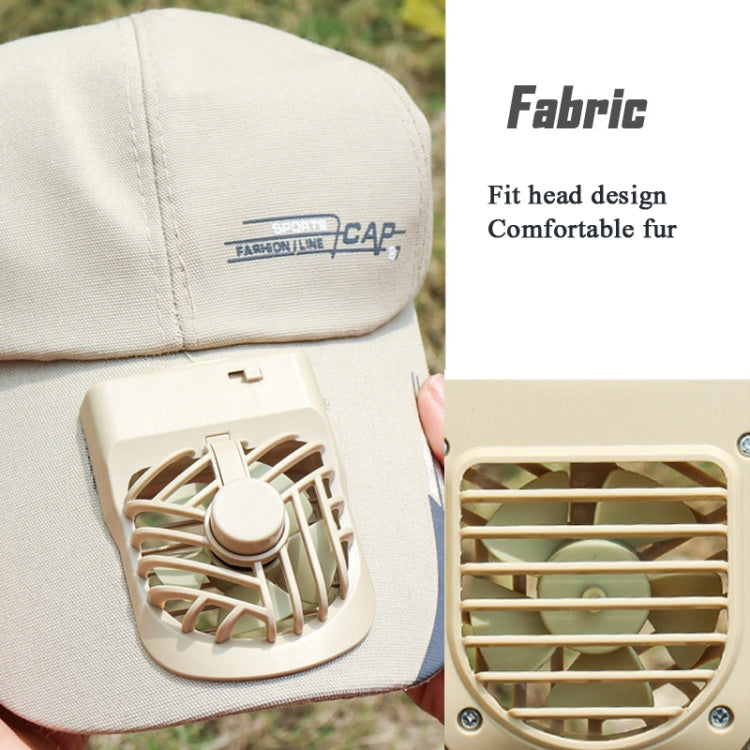 Light beige fabric fan sun cap with built-in fan vent close-up on brim area
