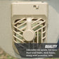 Beige fan vent housing with visible fan blades and protective grille on sun cap