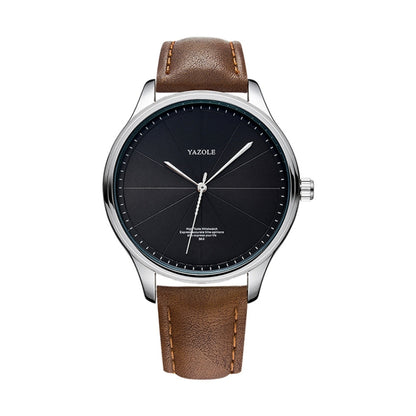Men's quartz wristwatch with black dial, silver case, and brown leather strap