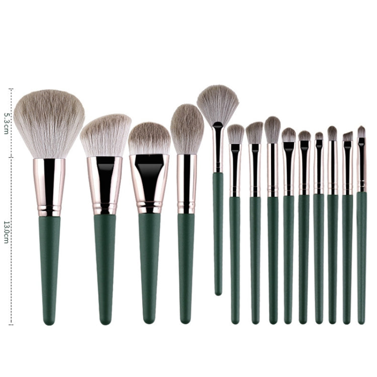 14-piece makeup brush set with green handles and silver ferrules, full lineup