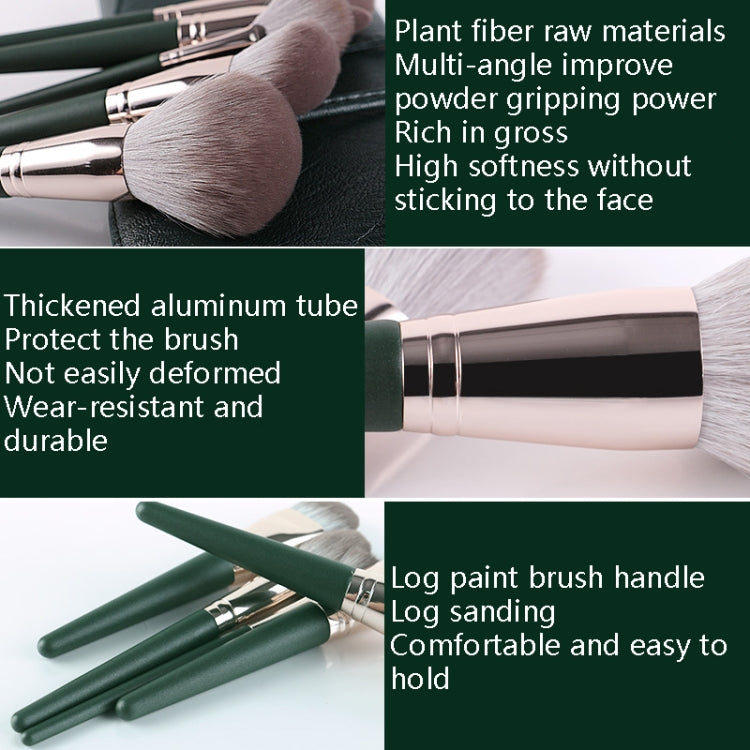 Close-up of green makeup brush handles with soft gray bristles and silver ferrules