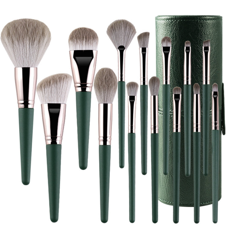 14-piece makeup brush set with green handles and silver ferrules, with green brush holder