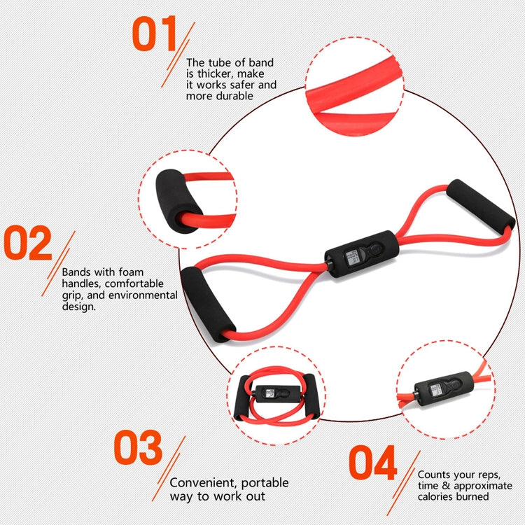 Digital resistance exercise band set with red tube, black foam handles, and LCD controller