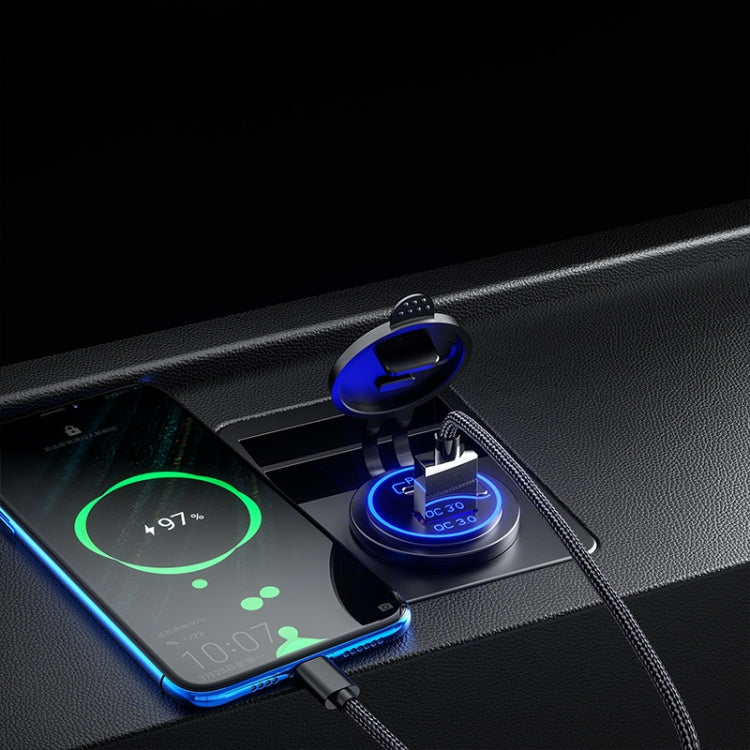 Waterproof USB car charger with blue LED light and terminal connectors for fast charging