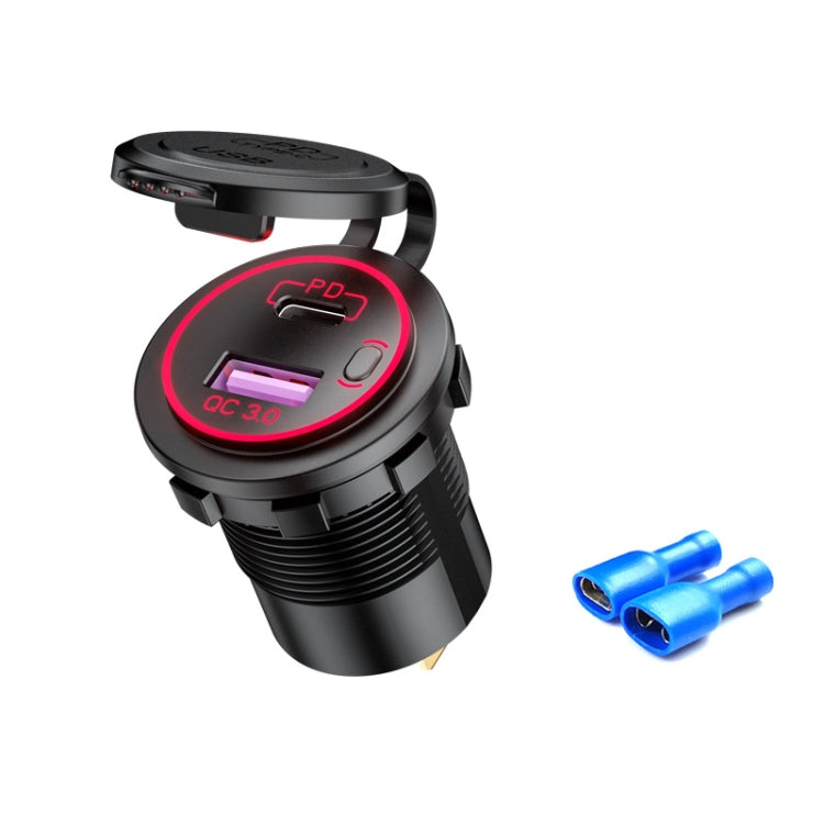 Black car USB charger with red PD light ring and QC 3.0 display