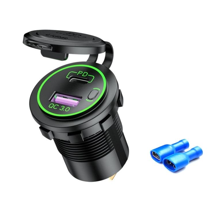 Black car USB charger with green PD light ring and QC 3.0 display