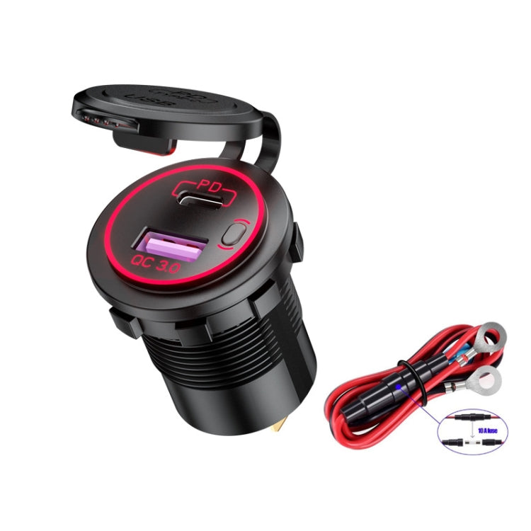 Black car USB charger with red PD light ring and QC 3.0, plus red wiring lead