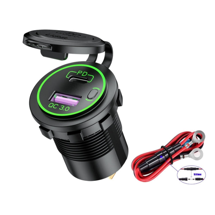 Black car USB charger with green PD light ring and QC 3.0, plus red wiring lead