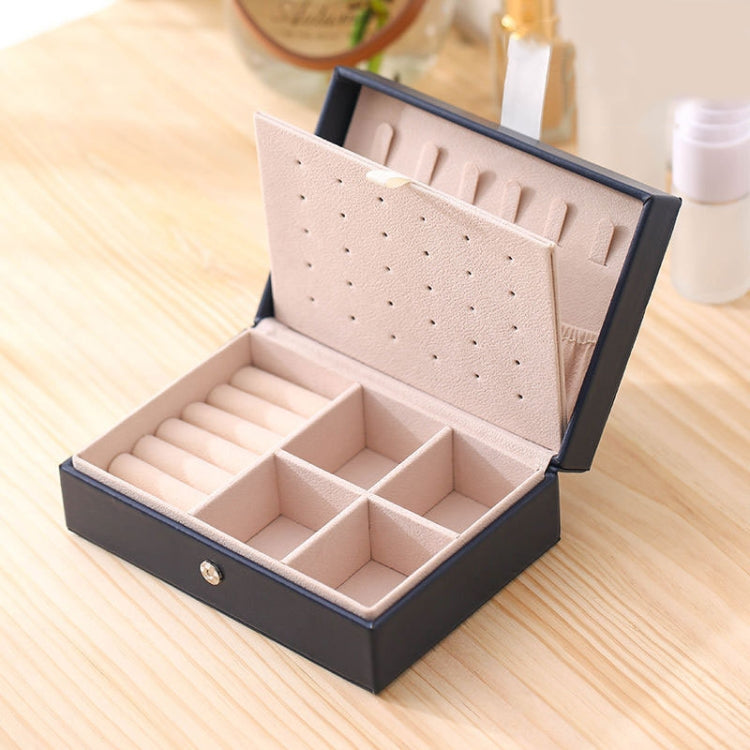 Small navy jewelry storage box with hinged lid and divided compartments for rings and earrings
