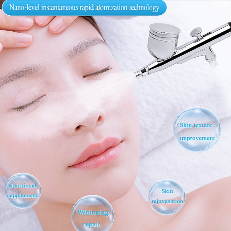 Facial oxygen nano spray device misting beside closed-eye face, chrome nozzle