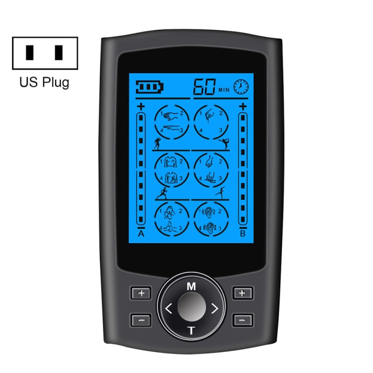 Black digital pulse massager with blue display and US plug, front control buttons