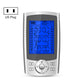Silver digital pulse massager with blue display and US plug, front control buttons