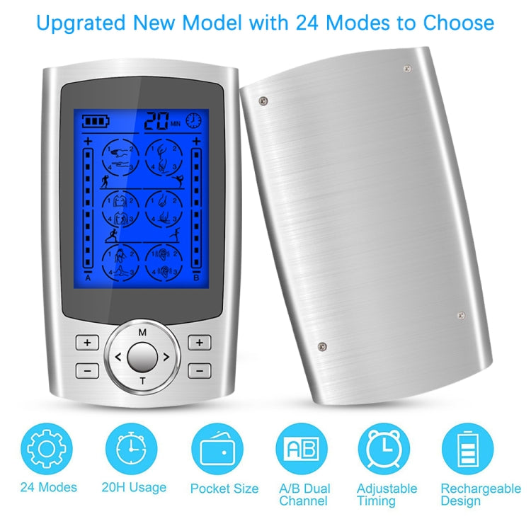 Silver digital pulse massager showing front blue screen and back panel