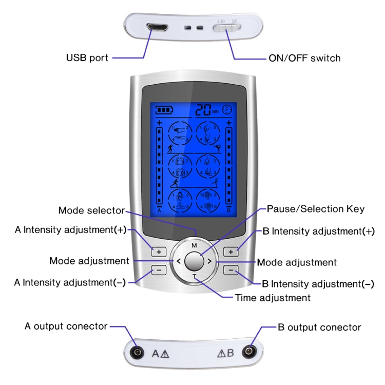 Pulse massager with digital control screen, intensity and mode buttons, output connectors