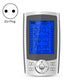 Silver digital pulse massager with blue display and EU plug, front control buttons