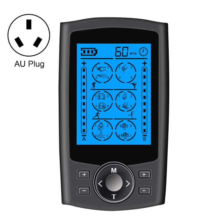 Black digital pulse massager with blue display and AU plug, front control buttons