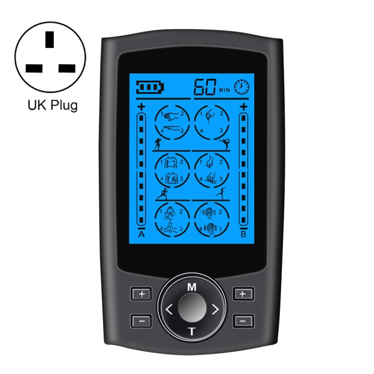 Black digital pulse massager with blue display and UK plug, front control buttons