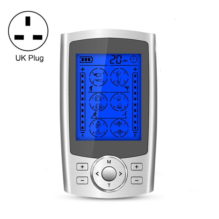 Silver digital pulse massager with blue display and UK plug, front control buttons