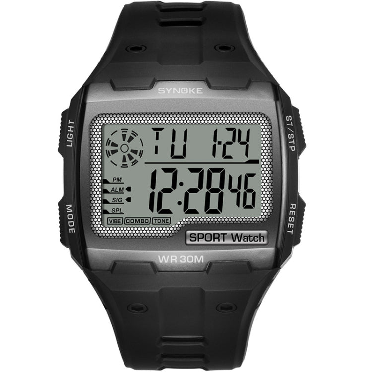 Black digital sport watch with large LCD screen and black rubber strap