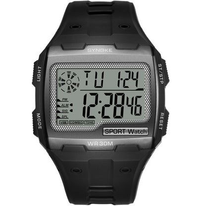 Black digital sport watch with large LCD screen and black rubber strap