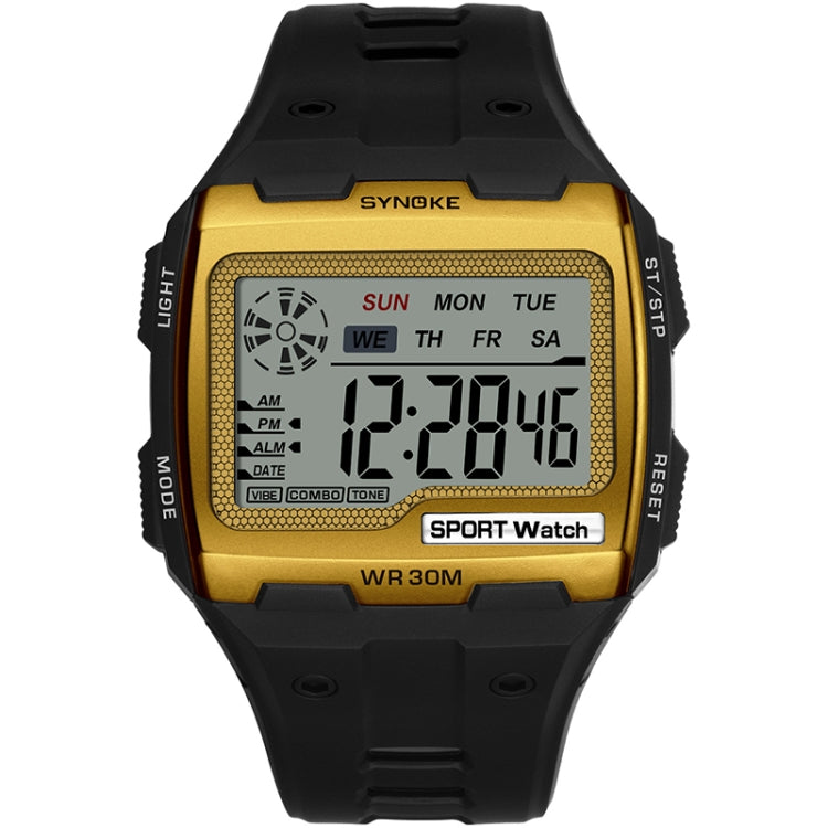 Gold digital sport watch with large LCD screen and black rubber strap