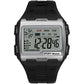 Silver digital sport watch with large LCD screen and black rubber strap
