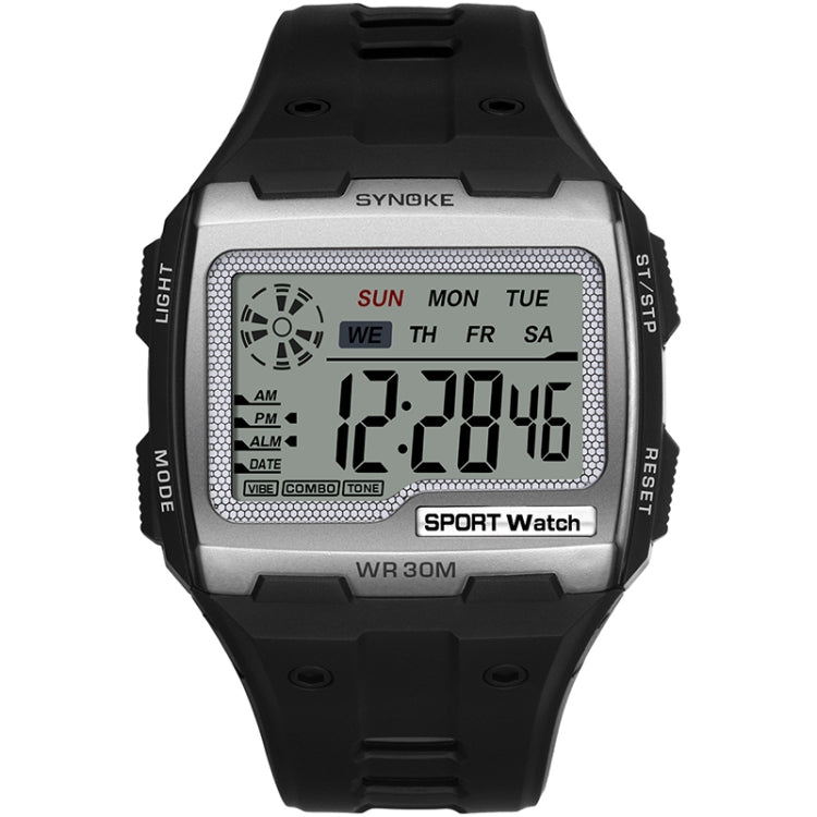 Silver digital sport watch with large LCD screen and black rubber strap