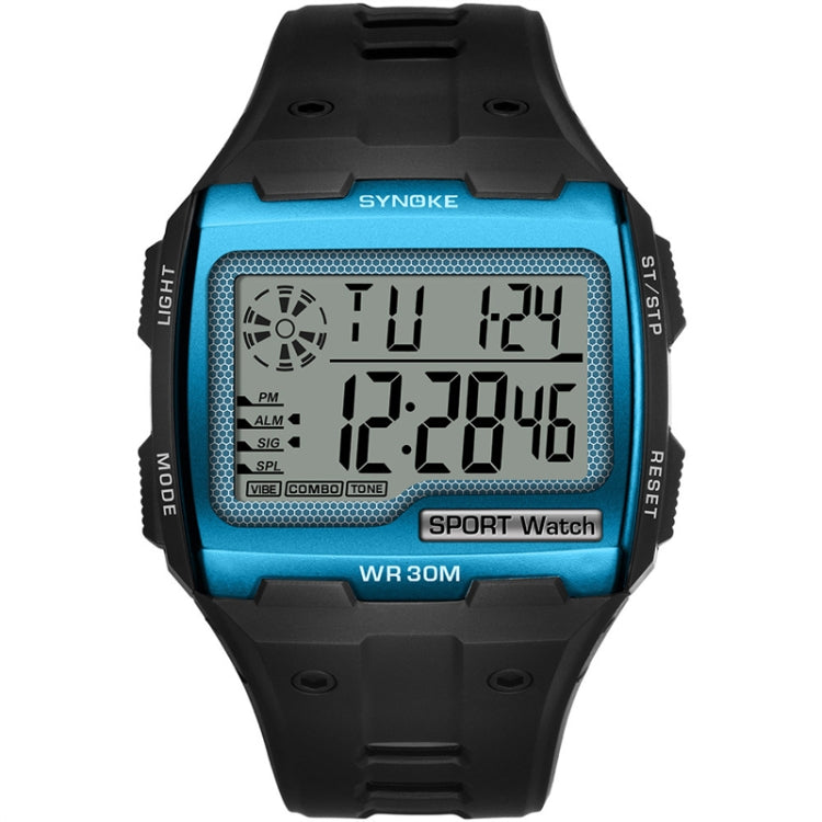 Lake blue digital sport watch with large LCD screen and black rubber strap