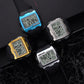 Assorted digital sport watches with LCD screens in blue, gold, silver, and black