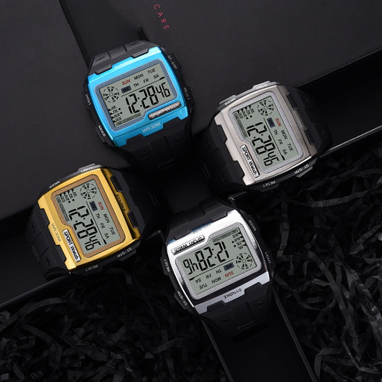Assorted digital sport watches with LCD screens in blue, gold, silver, and black
