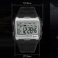 Silver digital sport watch with large LCD display and black rubber strap