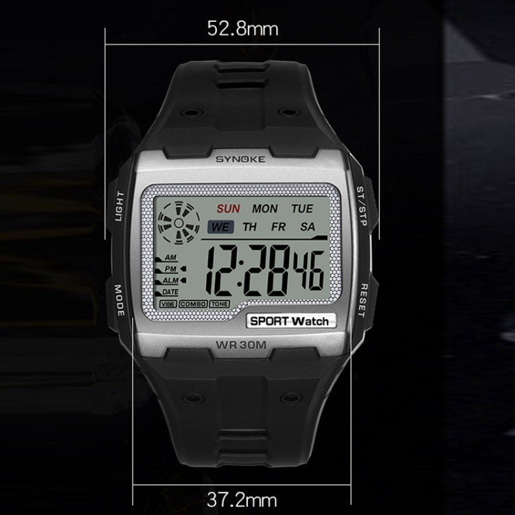 Silver digital sport watch with large LCD display and black rubber strap