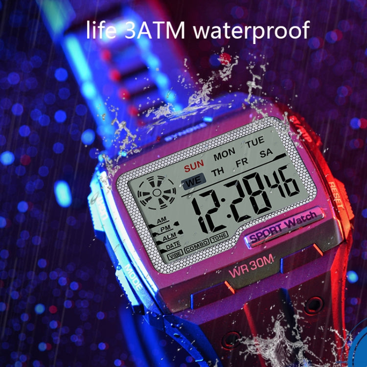 Purple digital sport watch with large LCD screen and black rubber strap