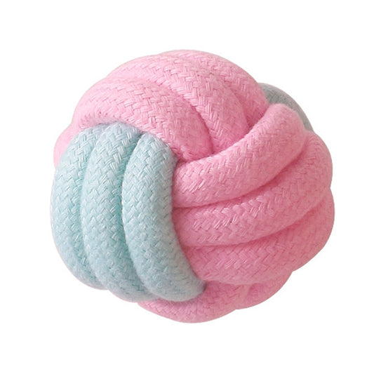 Cotton rope dog teeth cleaning toy with pink and light blue single woven ball
