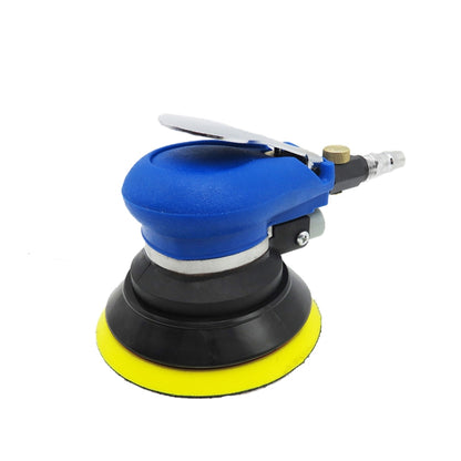 Pneumatic car polishing sander with blue top and yellow sanding pad, air hose port