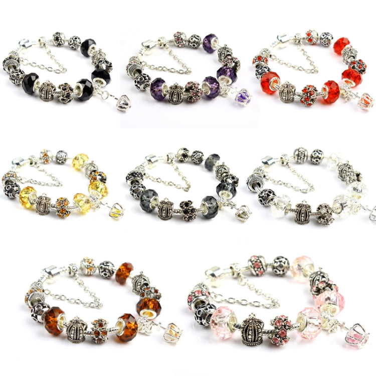 Crystal charm bracelets set with purple, orange, black, and clear beads, silver-tone chain