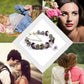 Crystal beaded charm bracelet with purple beads and crown charms, silver-tone chain