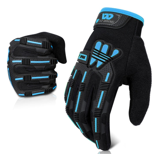 Black long-finger riding gloves with blue accents and padded knuckle armor.