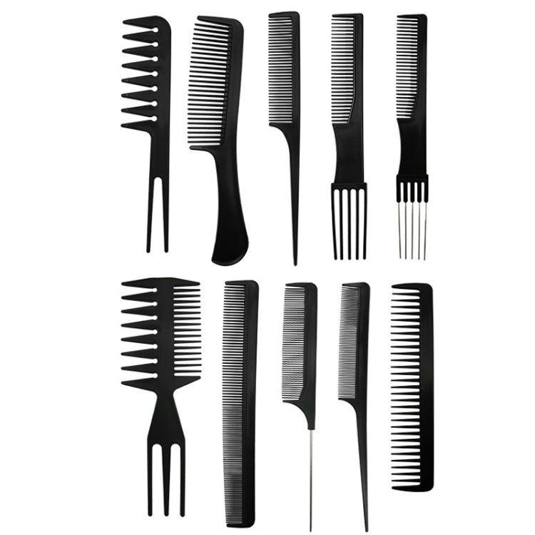 Set of 10 flat plastic hair combs, black and white, various tooth styles