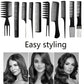Hair comb set with black and white flat combs, wide to fine teeth