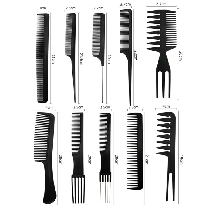 10-piece hair comb set with size and tooth-width measurements on the flat combs