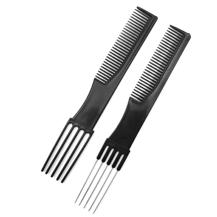 Two black plastic hair combs with fine and wide teeth, comb and pick handle ends