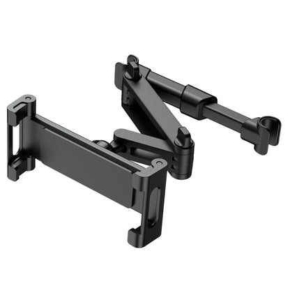 Black telescopic car seat phone bracket with clamp arms and adjustable cradle